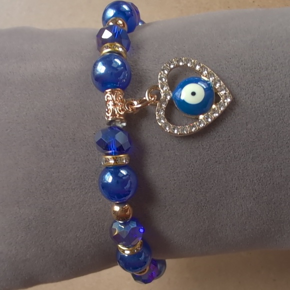Evil Eye Blue and Gold Stretch Beaded Bracelet with Charm - Picture 1 of 9